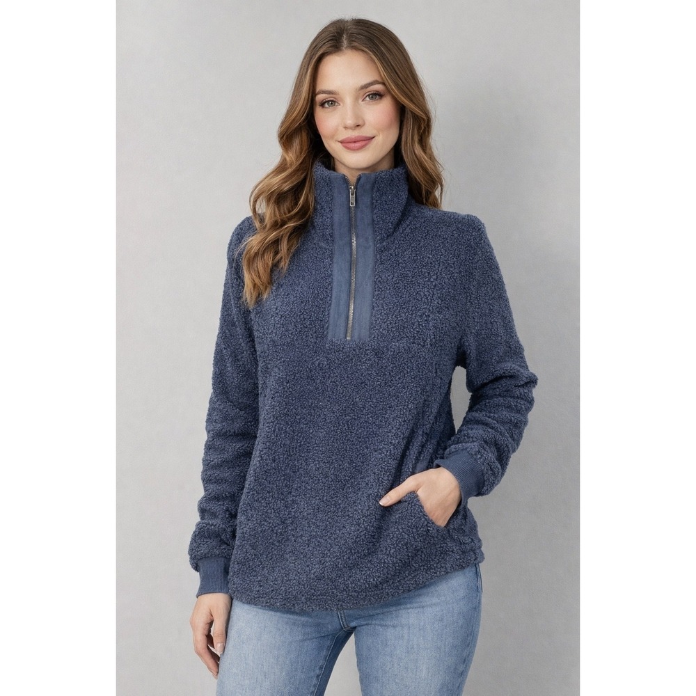 Three Dots Womens Teddy Fleece Quarter Zip Pullover‎ Navy Blue Medium NEW